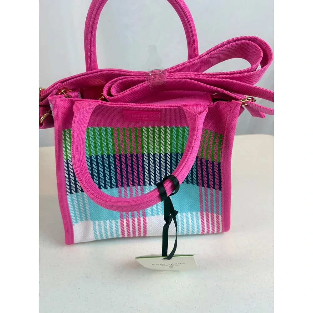 Kate Spade New York Target Pink Plaid Knit Mini Tote Crossbody Bag New - Picture 5 of 11